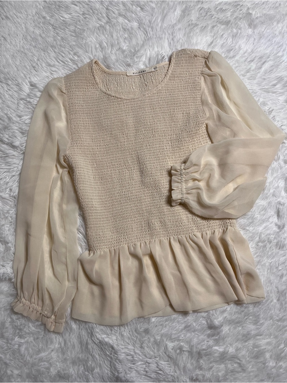Ellison Cream Smocked Peplum Blouse with Sheer Balloon Sleeves